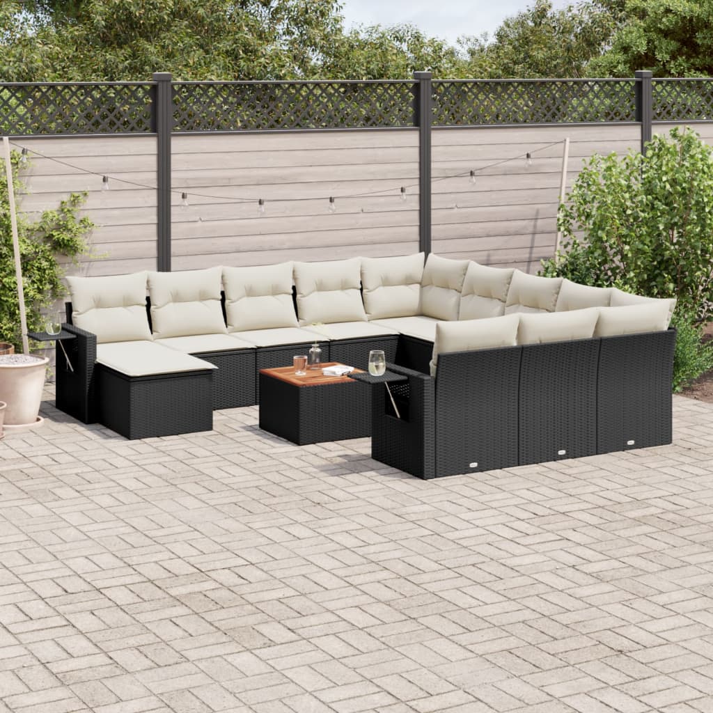 Set mobilier de gradina cu perne, 13 piese, negru, poliratan — imaginea 2