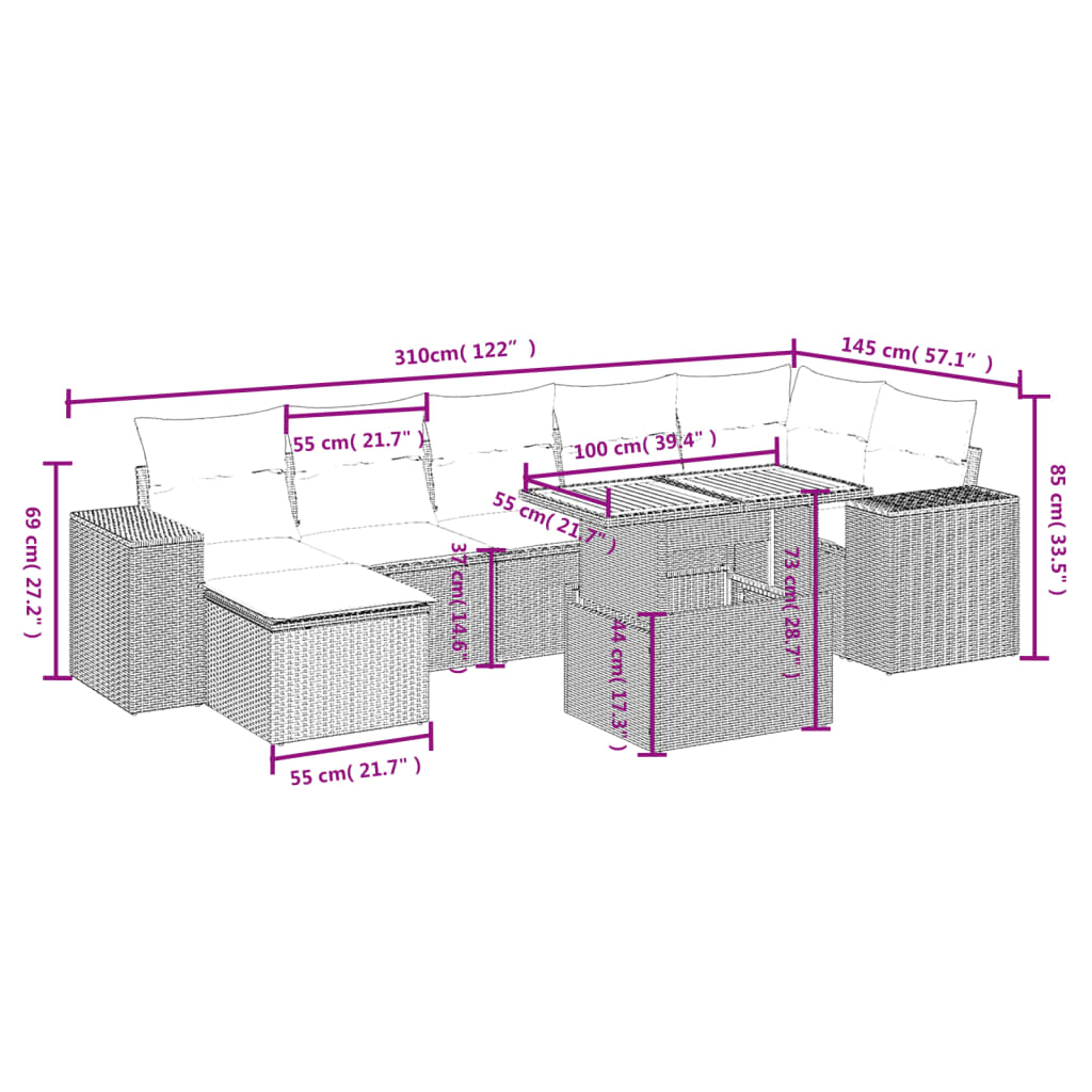 Set mobilier de gradina cu perne, 8 piese, negru, poliratan — imaginea 3