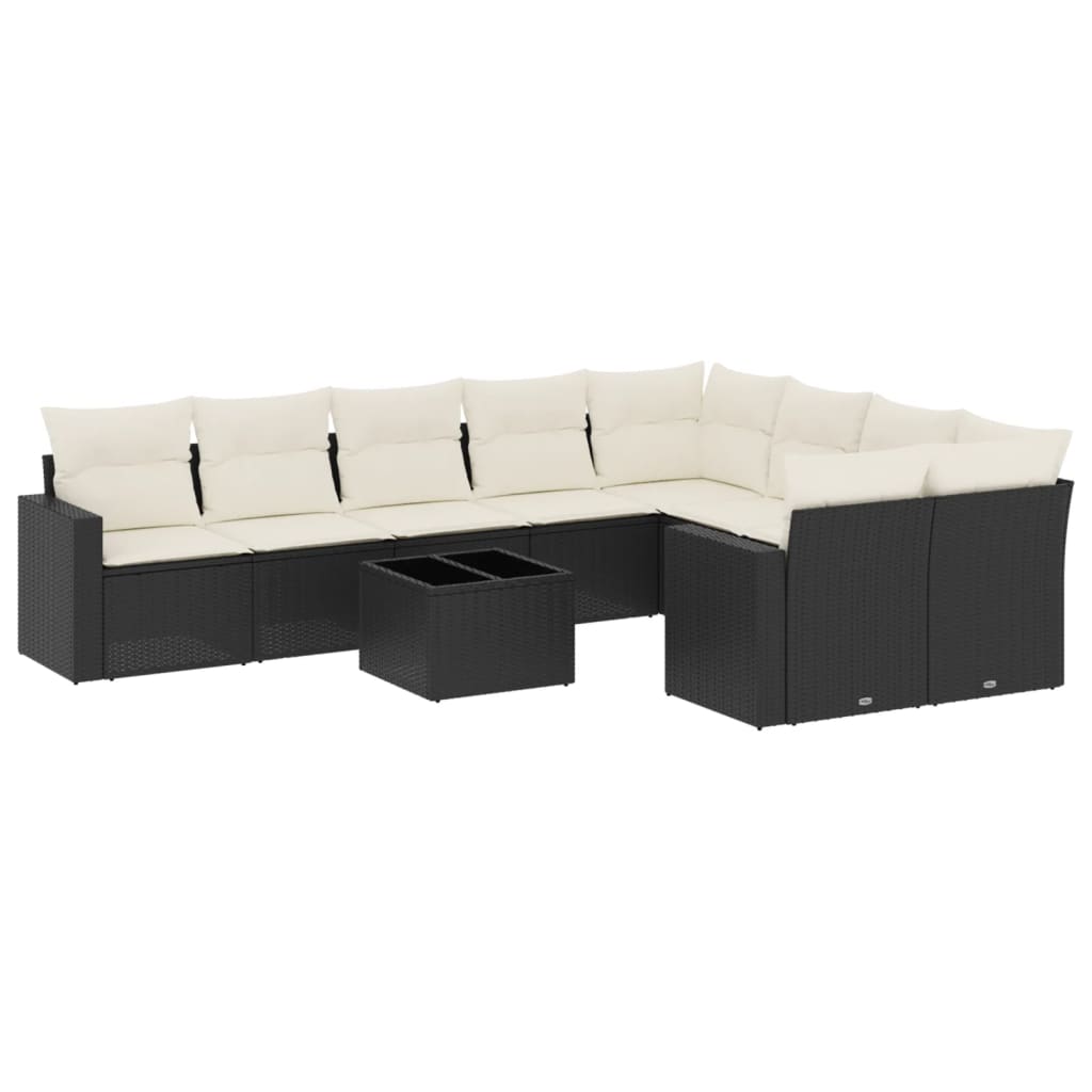 Set canapele de gradina cu perne, 10 piese, negru, poliratan
