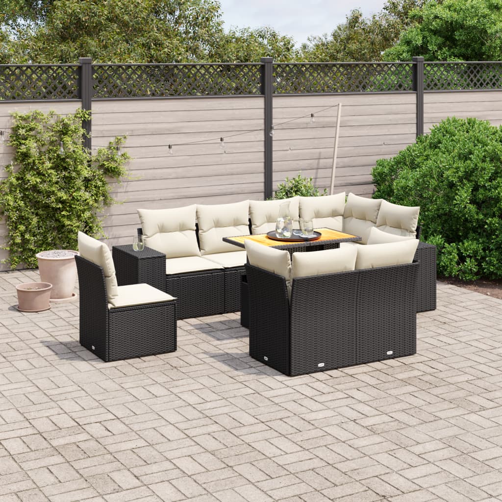 Set mobilier de gradina cu perne, 9 piese, negru, poliratan — imaginea 2
