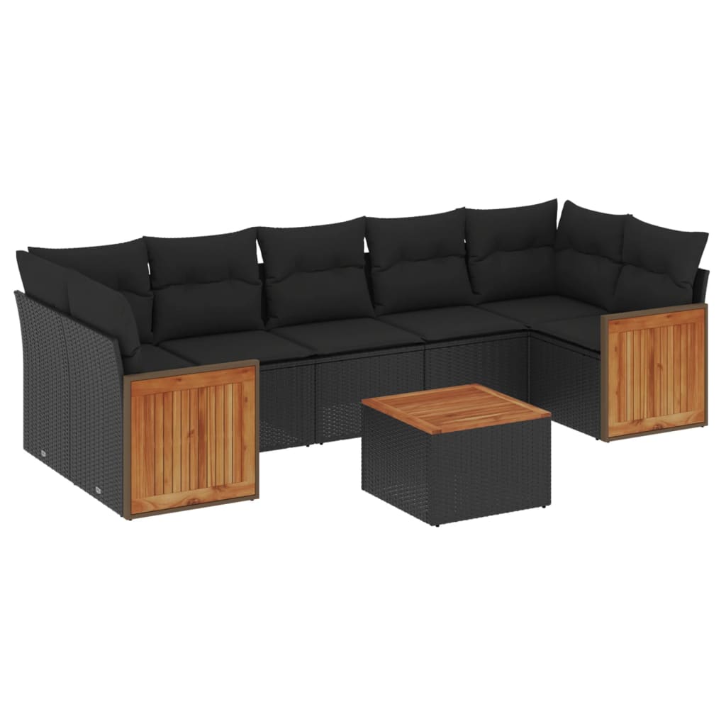 Set mobilier de gradina cu perne, 8 piese, negru, poliratan