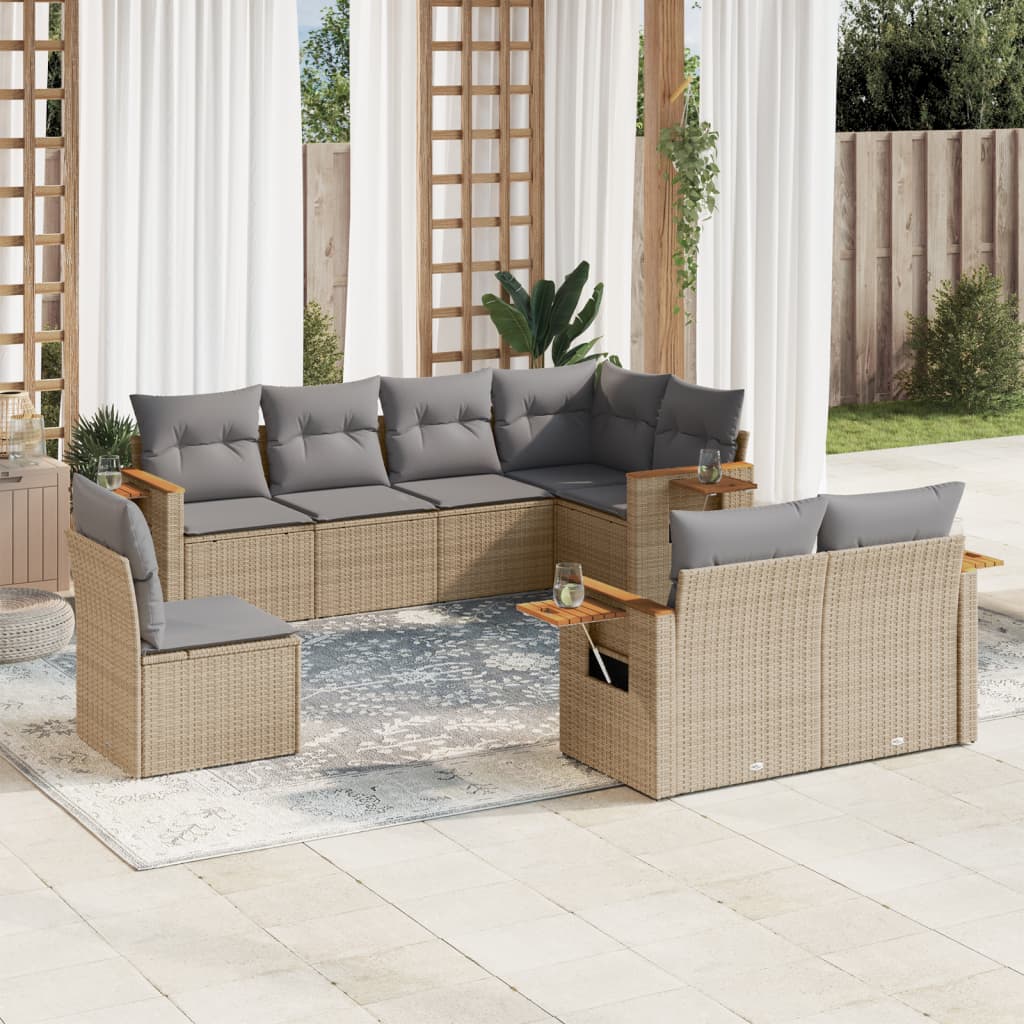 Set canapele de gradina, 8 piese, cu perne, bej, poliratan — imaginea 2