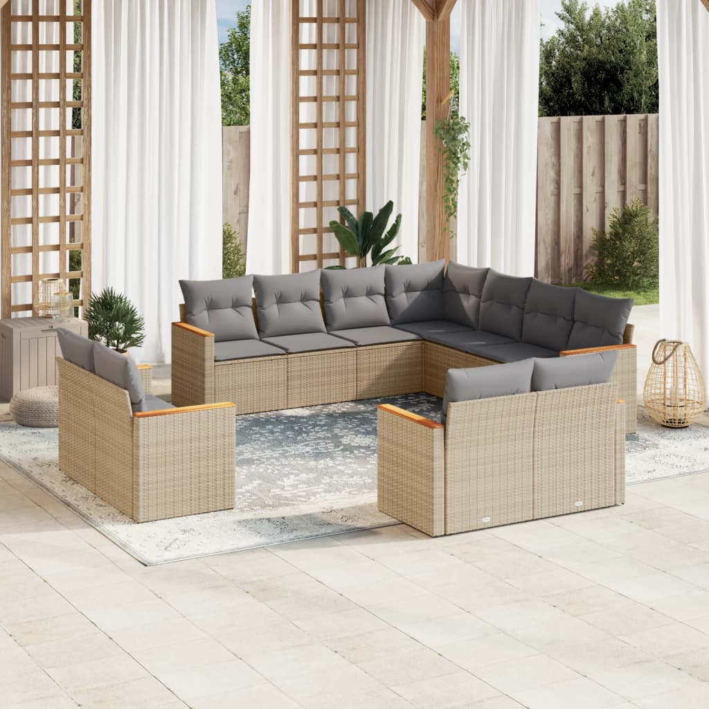 Set canapele de gradina cu perne, 11 piese, bej, poliratan — imaginea 2