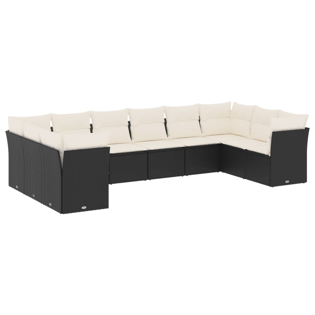 Set canapele de gradina cu perne, 10 piese, negru, poliratan