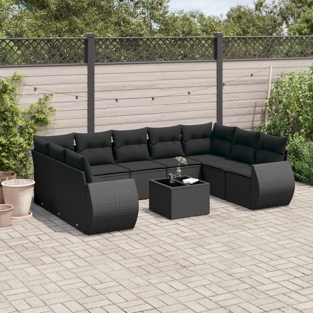 Set canapele de gradina cu perne, 10 piese, negru, poliratan — imaginea 2