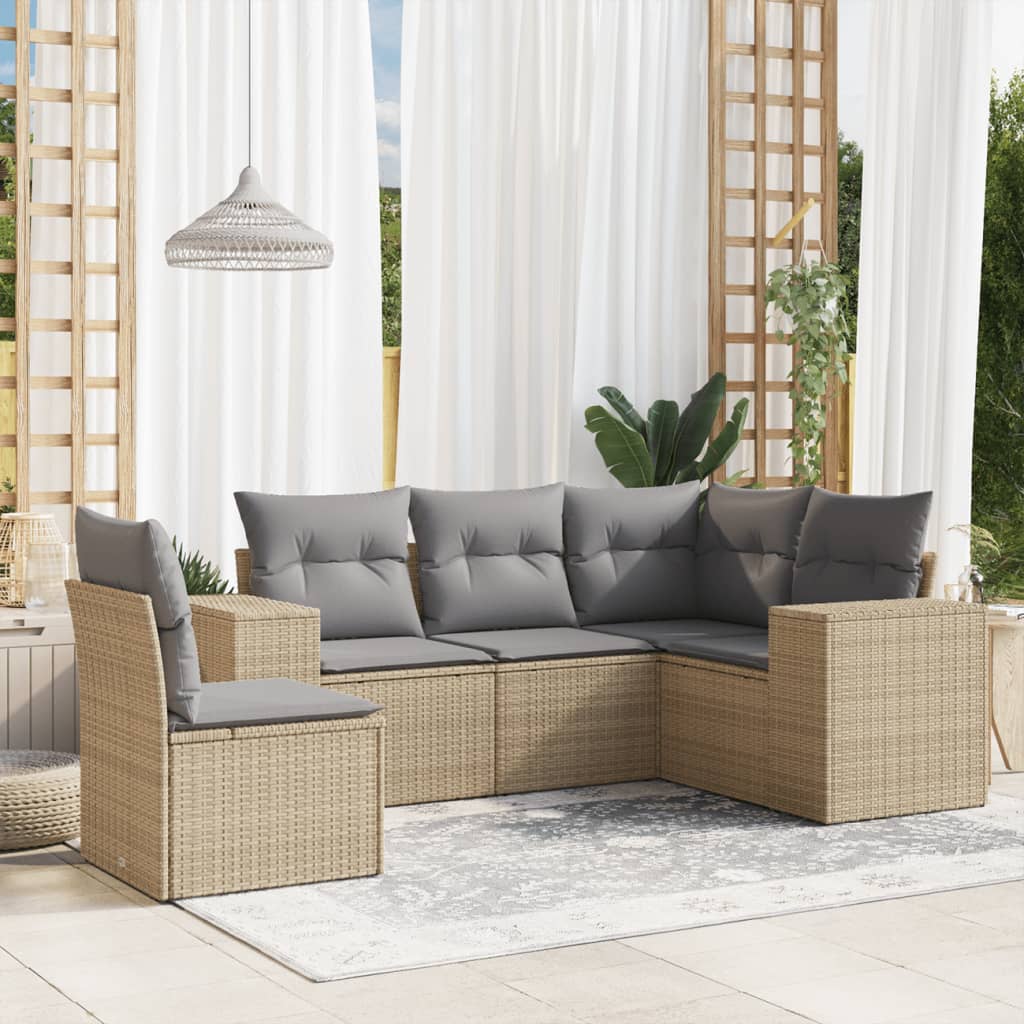 Set canapele de gradina cu perne, 5 piese, bej, poliratan — imaginea 2
