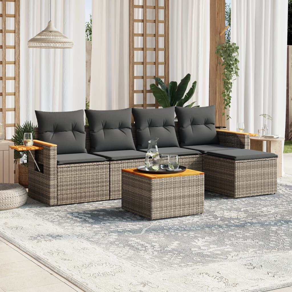 Set mobilier gradina cu perne, 6 piese, gri, poliratan — imaginea 2