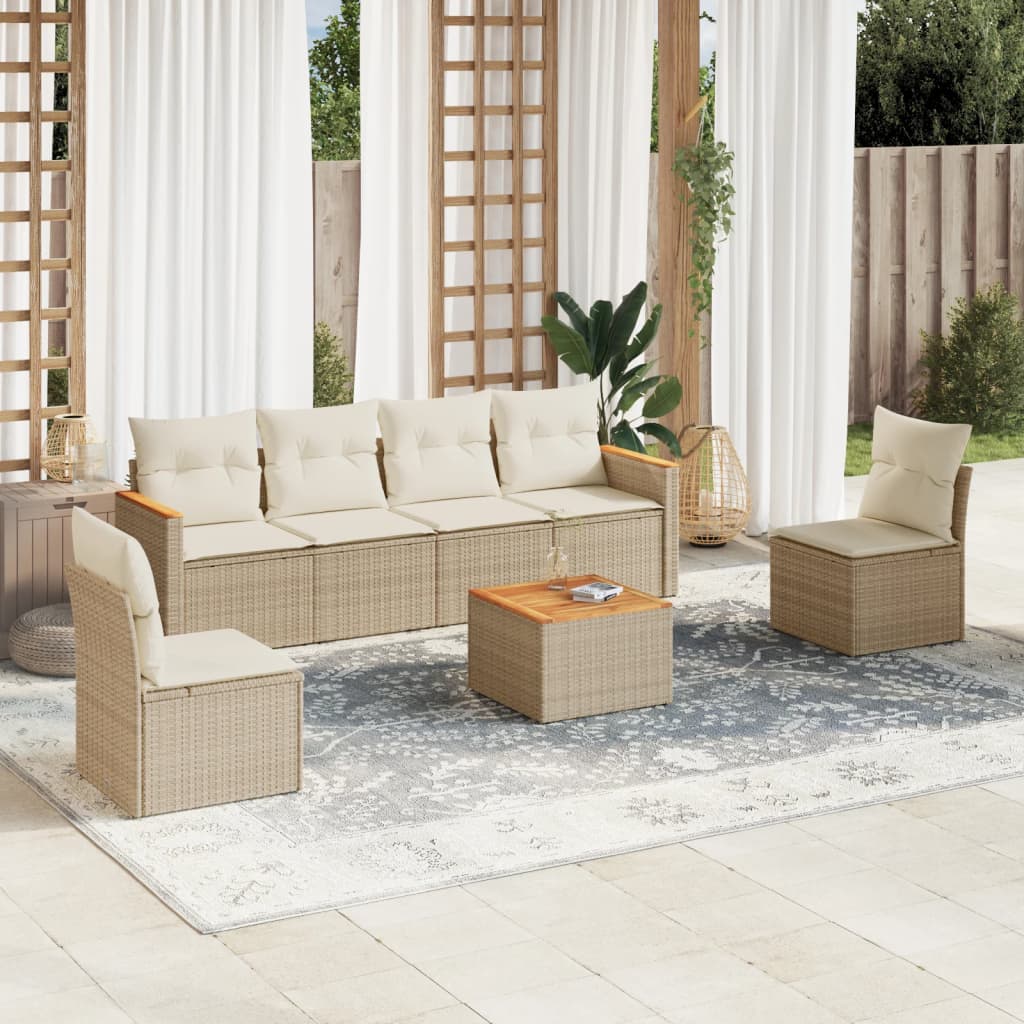 Set canapele de gradina, 7 piese, cu perne, bej, poliratan — imaginea 2