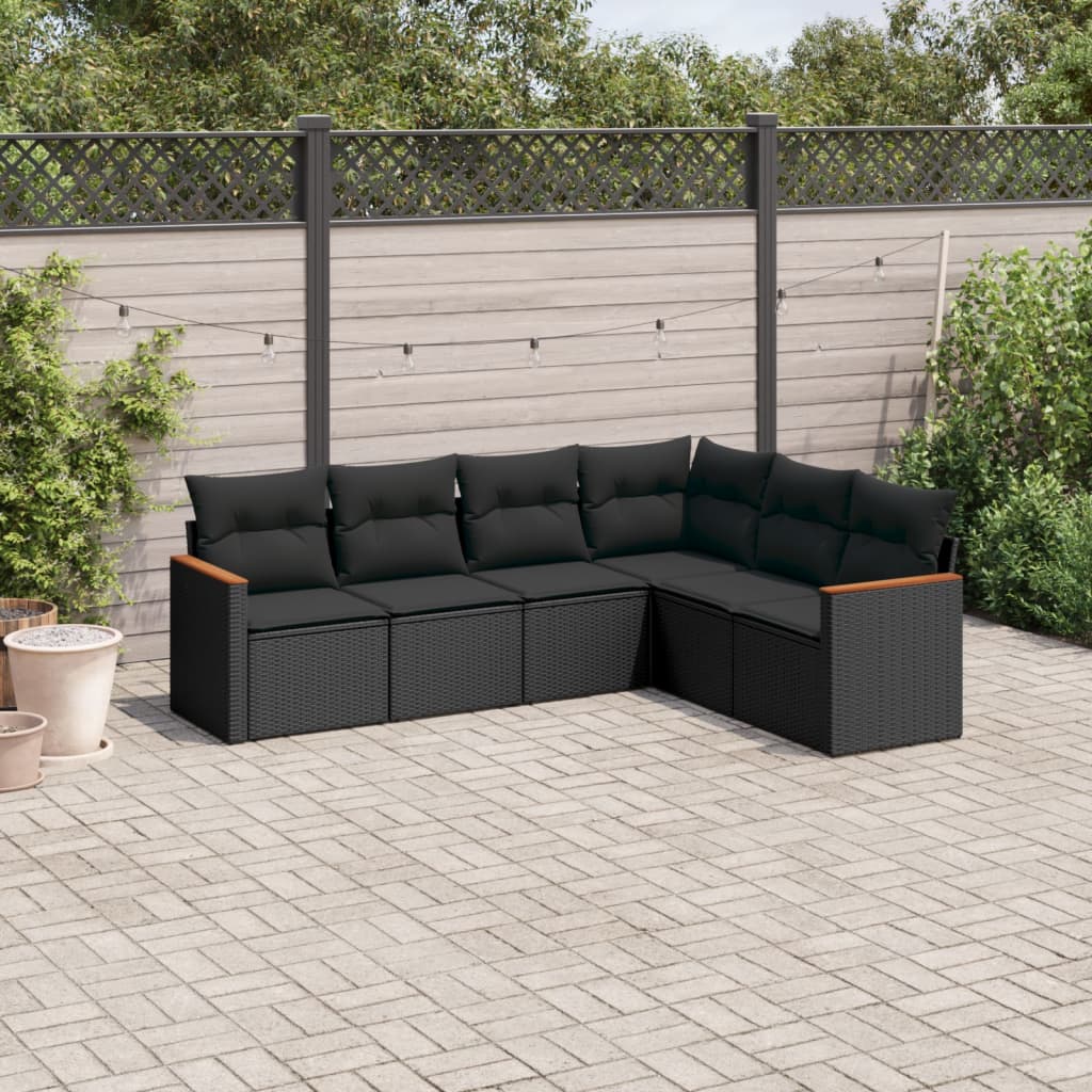 Set mobilier de gradina cu perne, 6 piese, negru, poliratan — imaginea 2