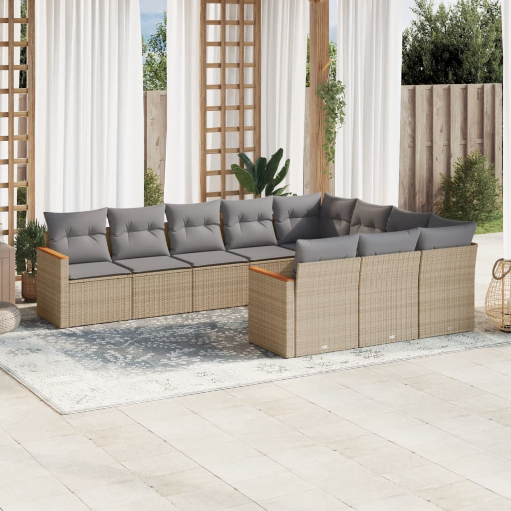 Set canapele de gradina cu perne, 10 piese, bej, poliratan — imaginea 2