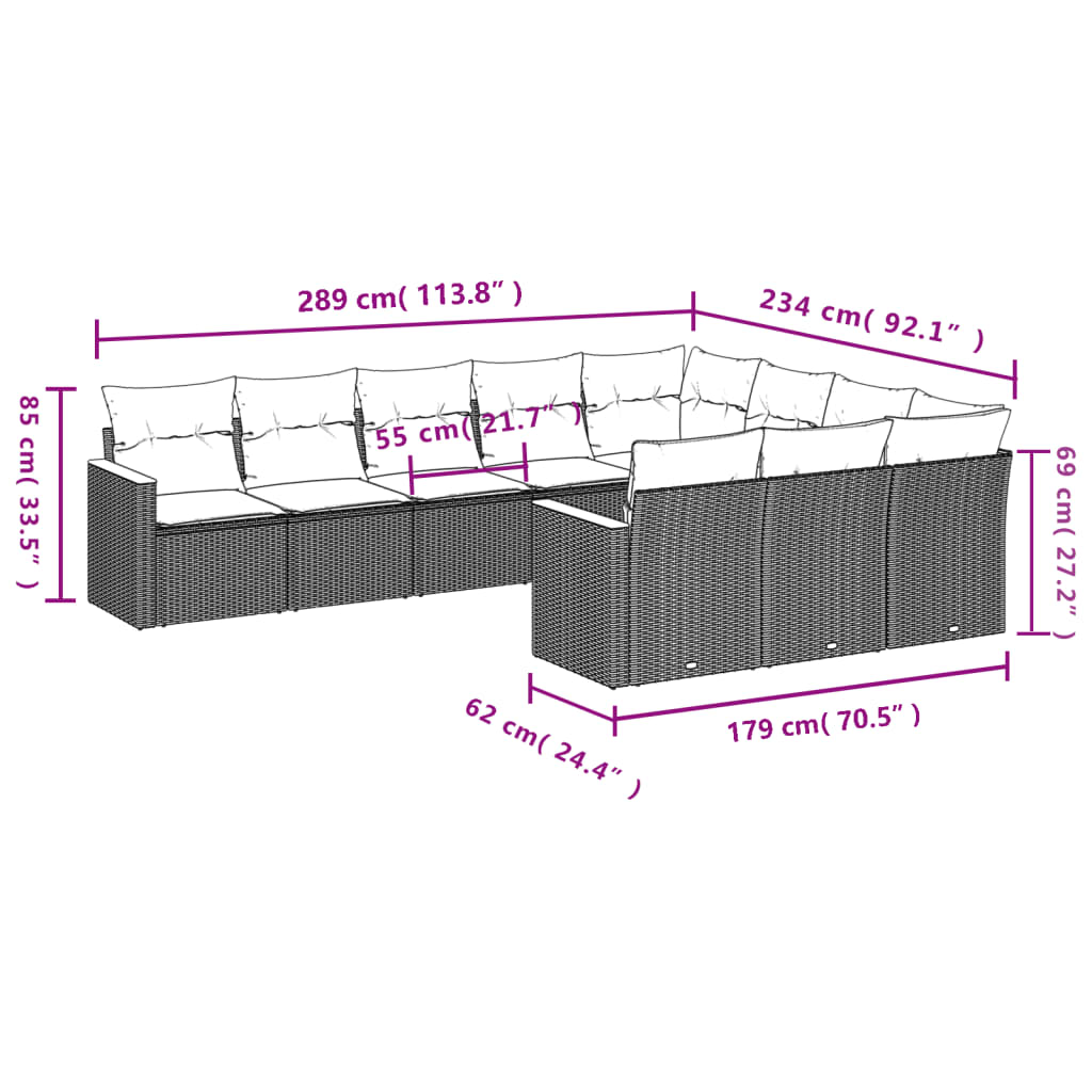 Set canapele de gradina cu perne, 10 piese, bej, poliratan — imaginea 3