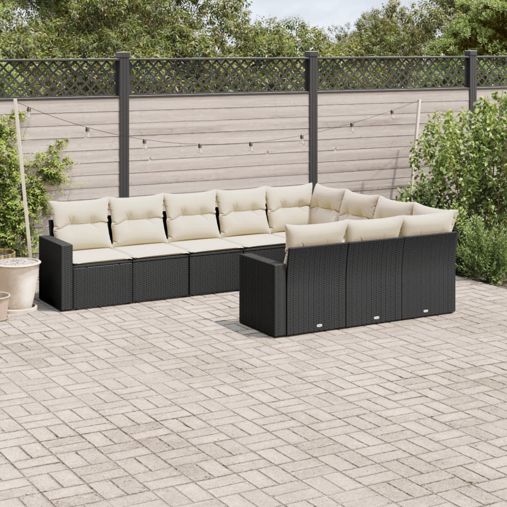 Set canapele de gradina cu perne, 10 piese, negru, poliratan — imaginea 2