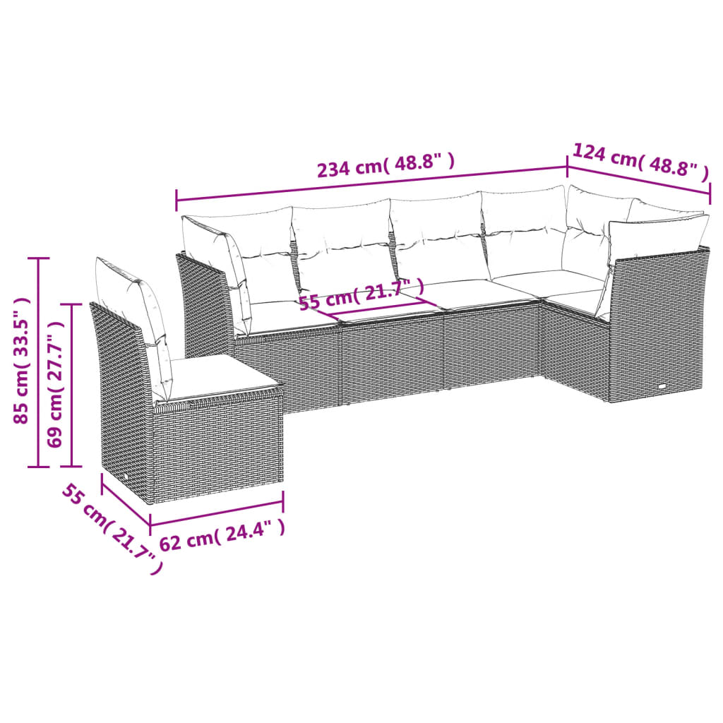 Set mobilier gradina cu perne, 6 piese, gri, poliratan — imaginea 6