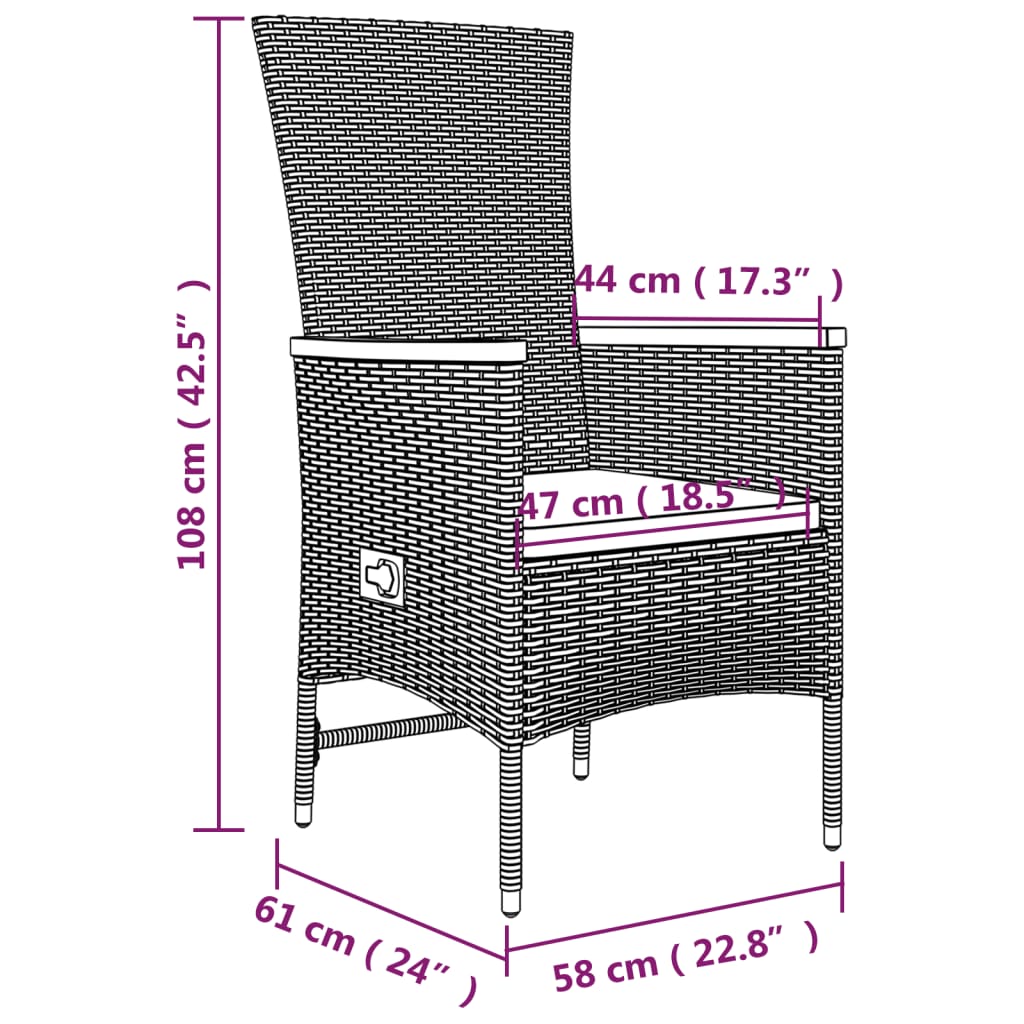 Set mobilier de gradina cu perne, 3 piese, negru, poliratan — imaginea 7