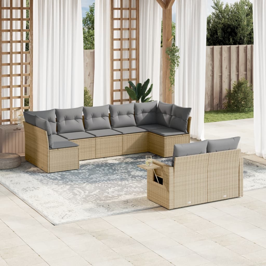 Set canapele de gradina, 9 piese, cu perne, bej, poliratan — imaginea 2