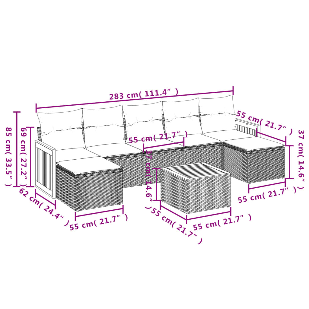 Set mobilier de gradina cu perne, 8 piese, negru, poliratan — imaginea 9