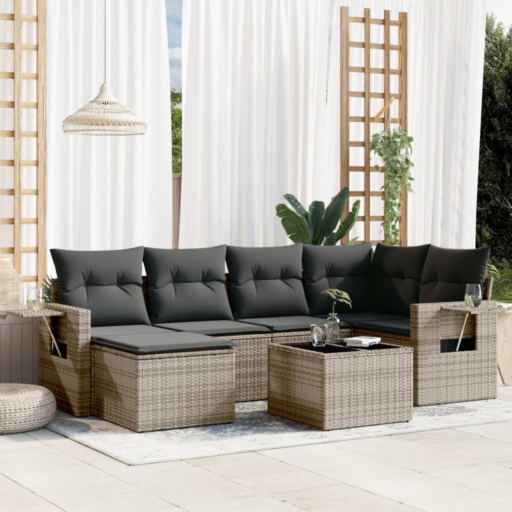 Set canapele de gradina, 7 piese, cu perne, gri, poliratan — imaginea 2
