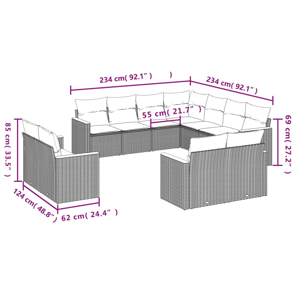 Set canapele de gradina cu perne, 11 piese, negru, poliratan — imaginea 7