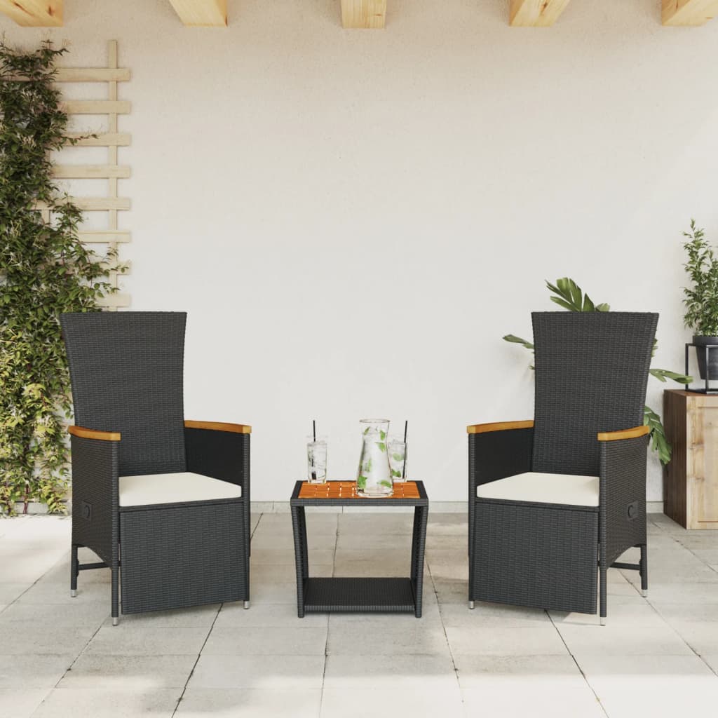 Set mobilier de gradina cu perne, 3 piese, negru, poliratan — imaginea 2