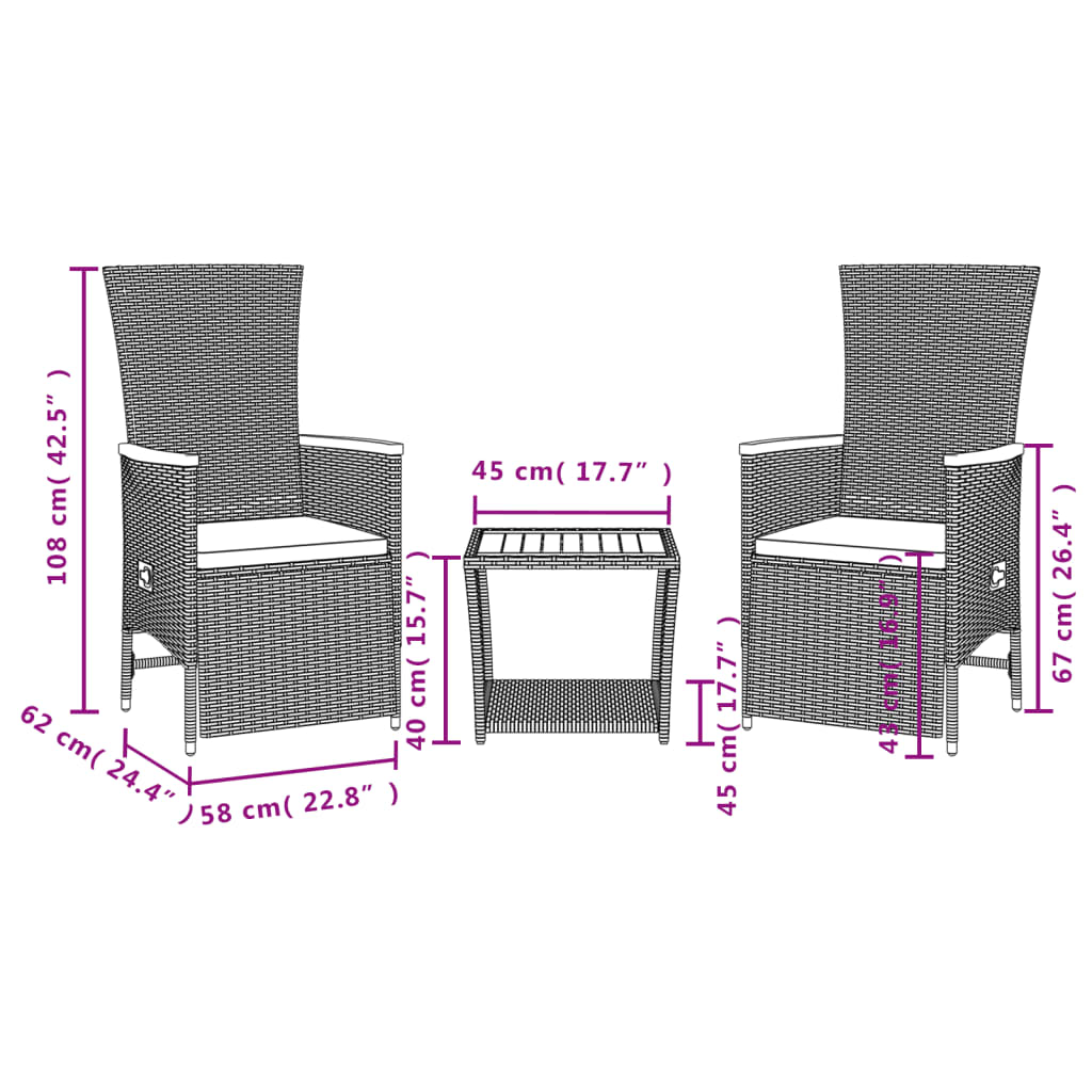 Set mobilier de gradina cu perne, 3 piese, negru, poliratan — imaginea 5