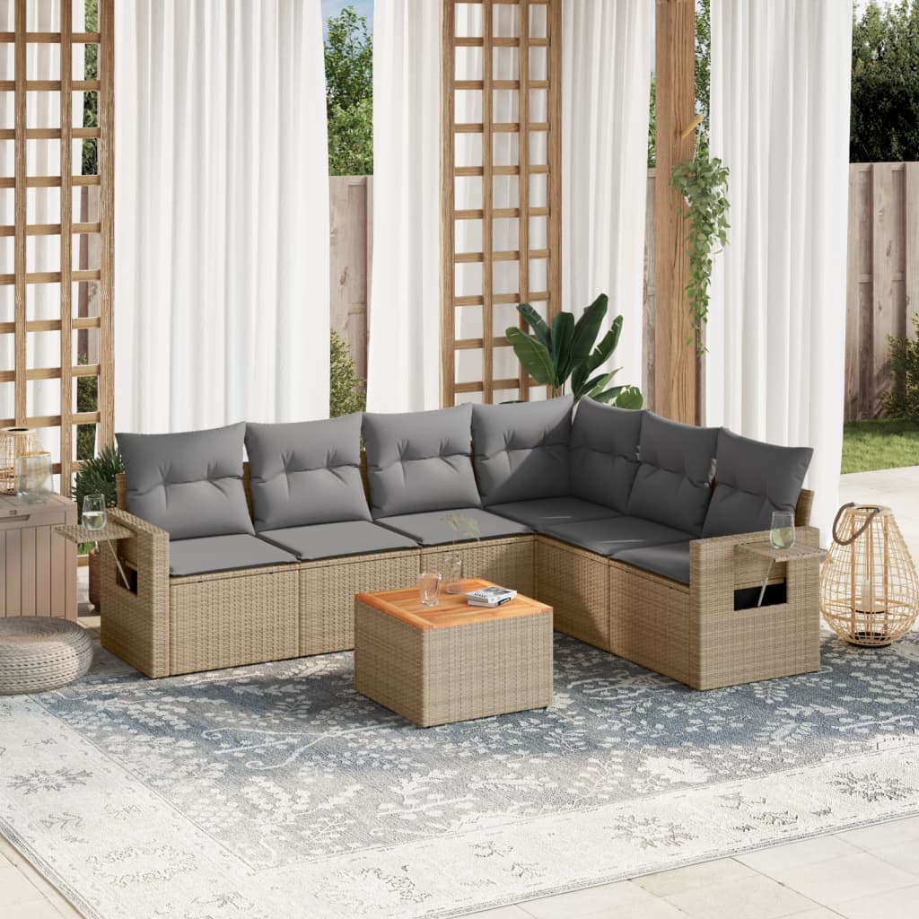 Set canapele de gradina, 7 piese, cu perne, bej, poliratan — imaginea 2
