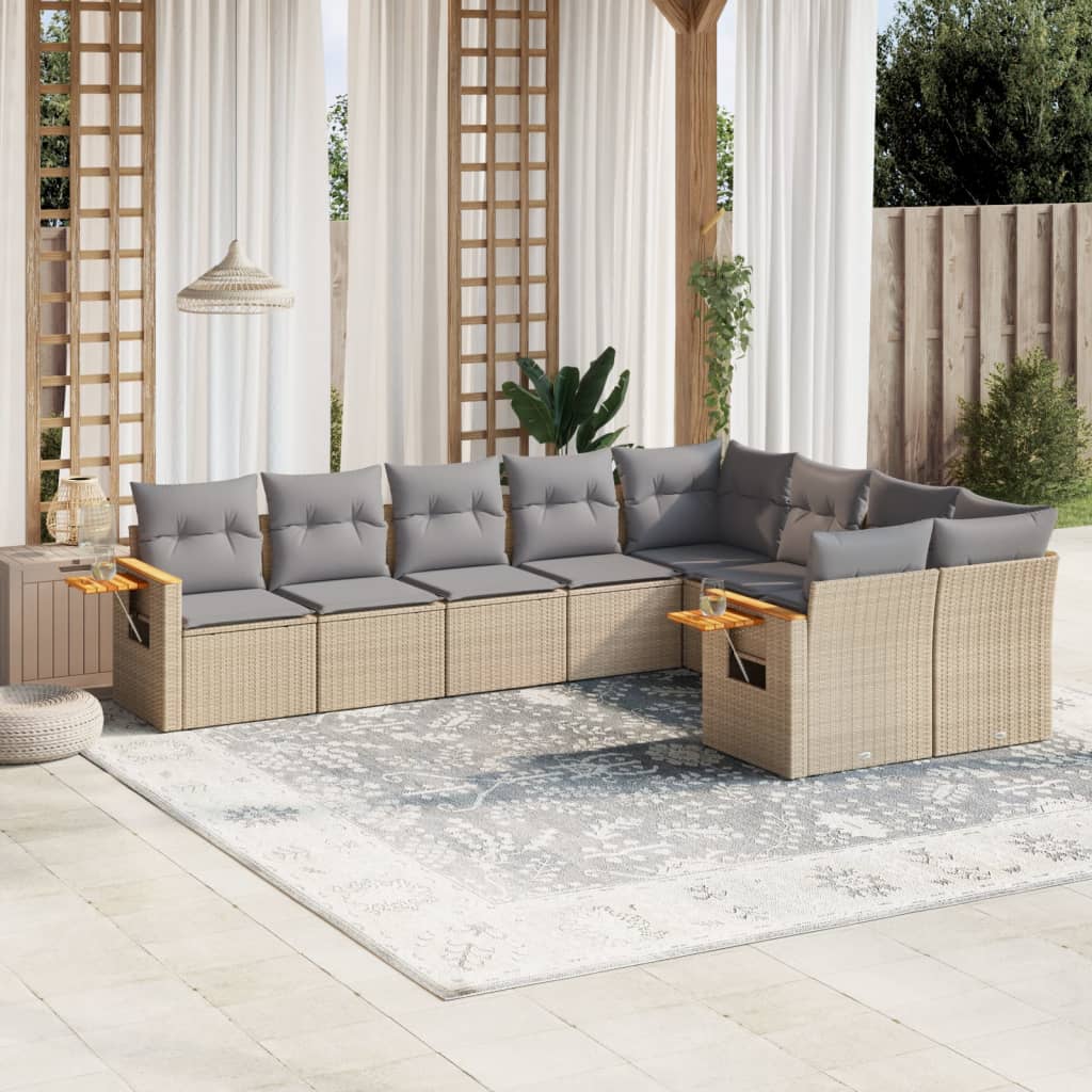 Set canapele de gradina, 9 piese, cu perne, bej, poliratan — imaginea 2