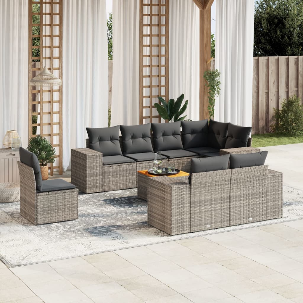 Set canapele de gradina, 9 piese, cu perne, gri, poliratan — imaginea 2