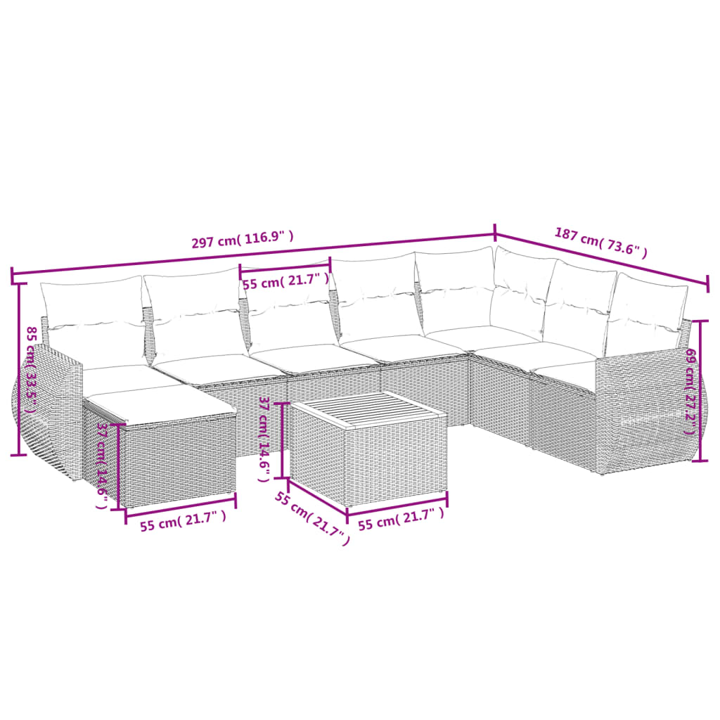 Set mobilier de gradina cu perne, 9 piese, negru, poliratan — imaginea 10