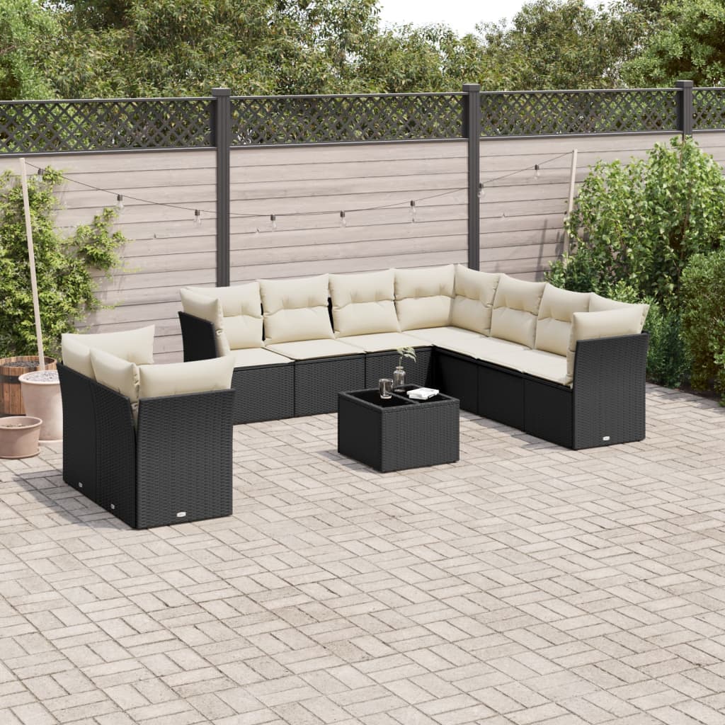 Set canapele de gradina cu perne, 10 piese, negru, poliratan — imaginea 2