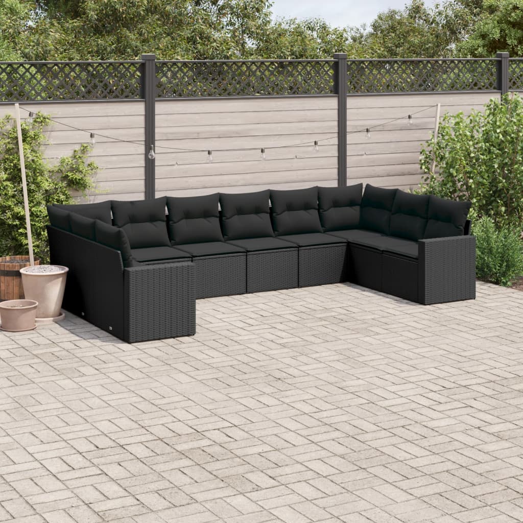 Set canapele de gradina cu perne, 10 piese, negru, poliratan — imaginea 2