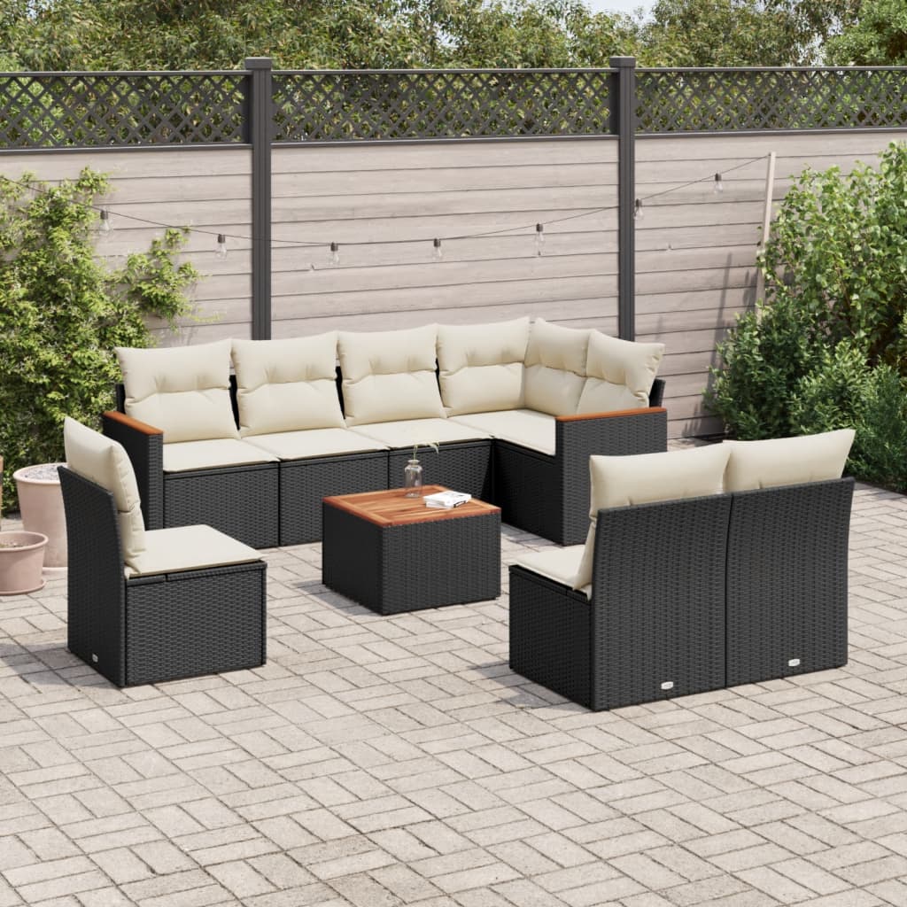 Set mobilier de gradina cu perne, 9 piese, negru, poliratan — imaginea 3
