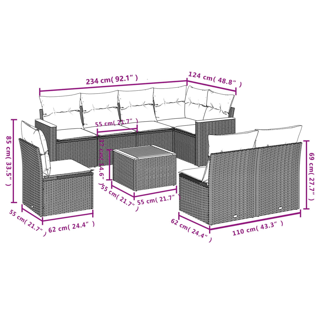 Set mobilier de gradina cu perne, 9 piese, negru, poliratan — imaginea 4