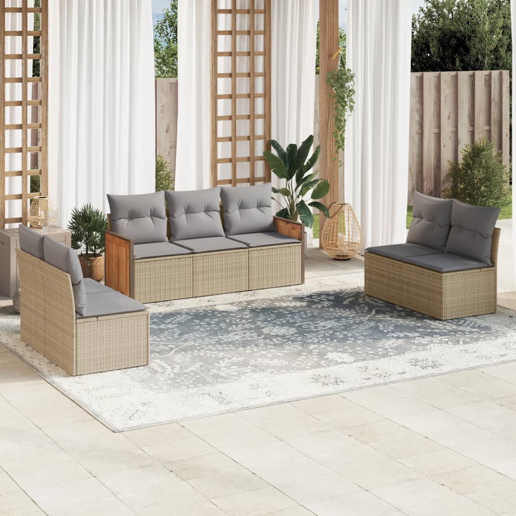 Set canapele de gradina, 7 piese, cu perne, bej, poliratan — imaginea 2