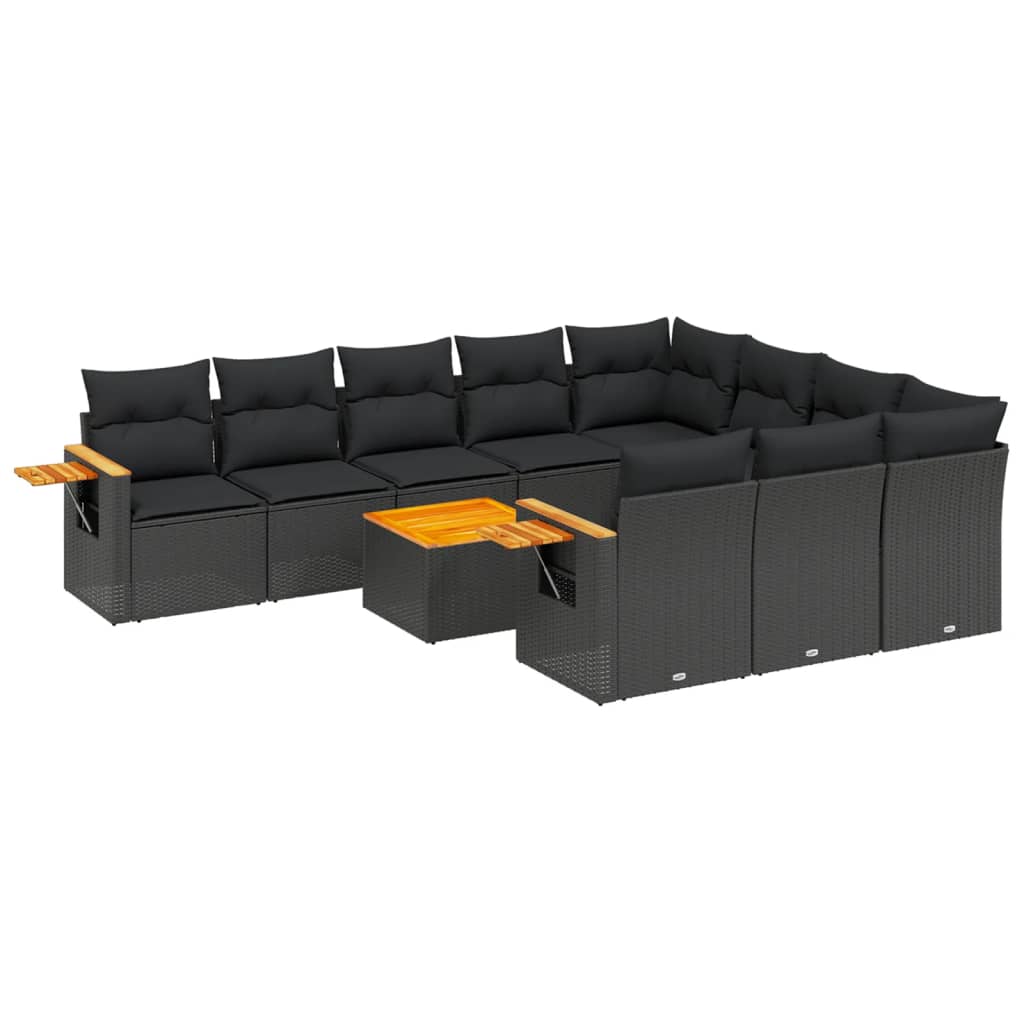 Set canapele de gradina cu perne, 11 piese, negru, poliratan