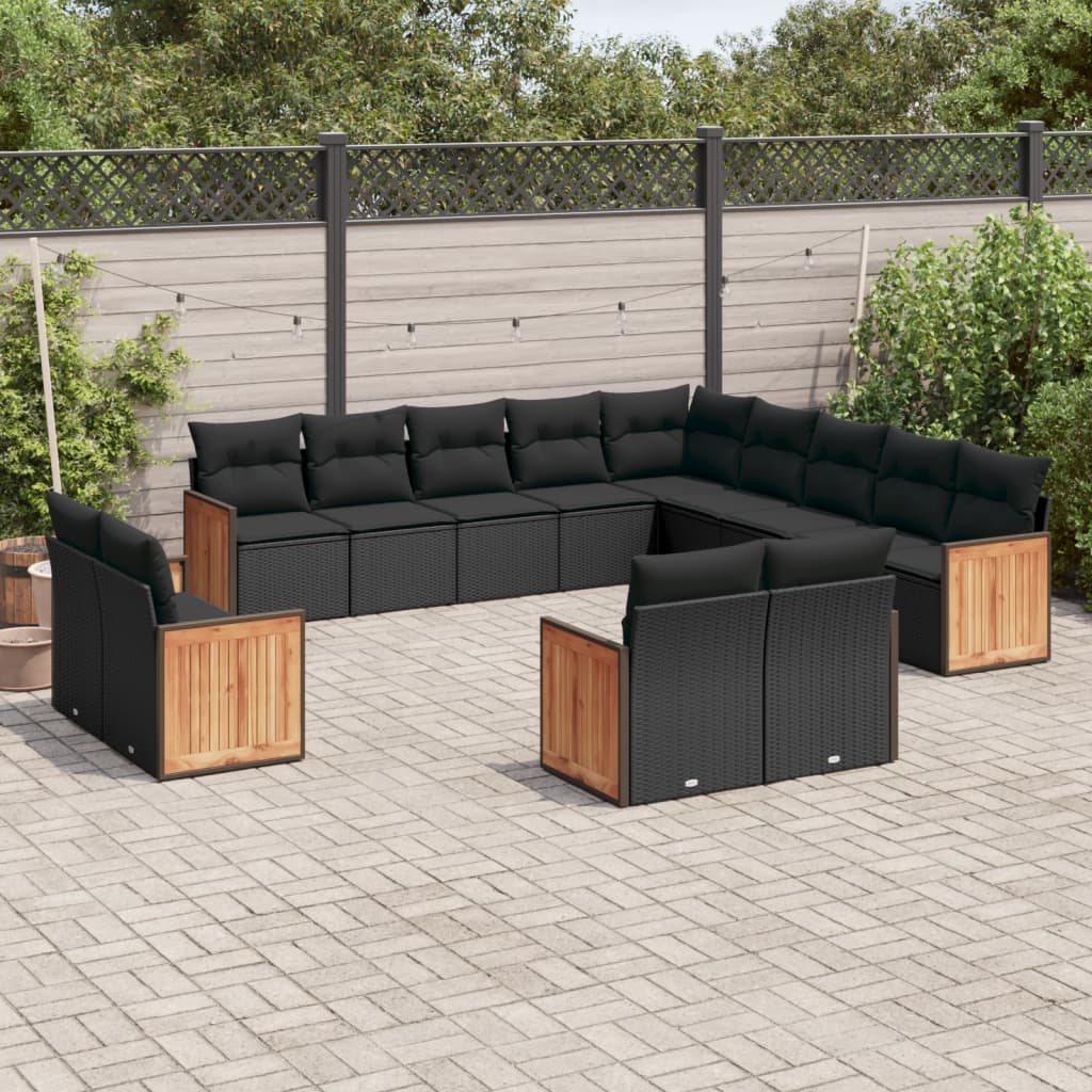 Set mobilier de gradina cu perne, 13 piese, negru, poliratan — imaginea 2
