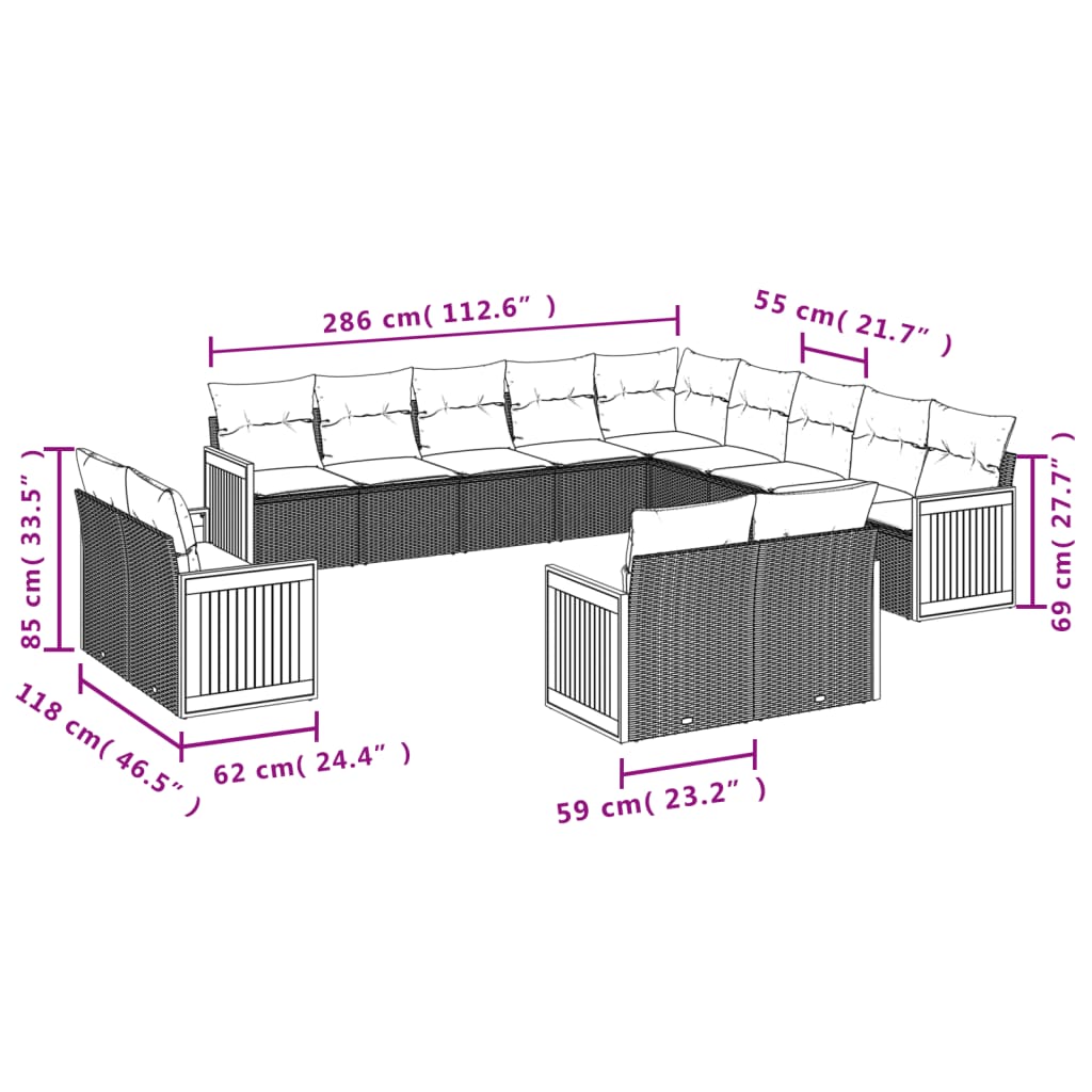 Set mobilier de gradina cu perne, 13 piese, negru, poliratan — imaginea 7