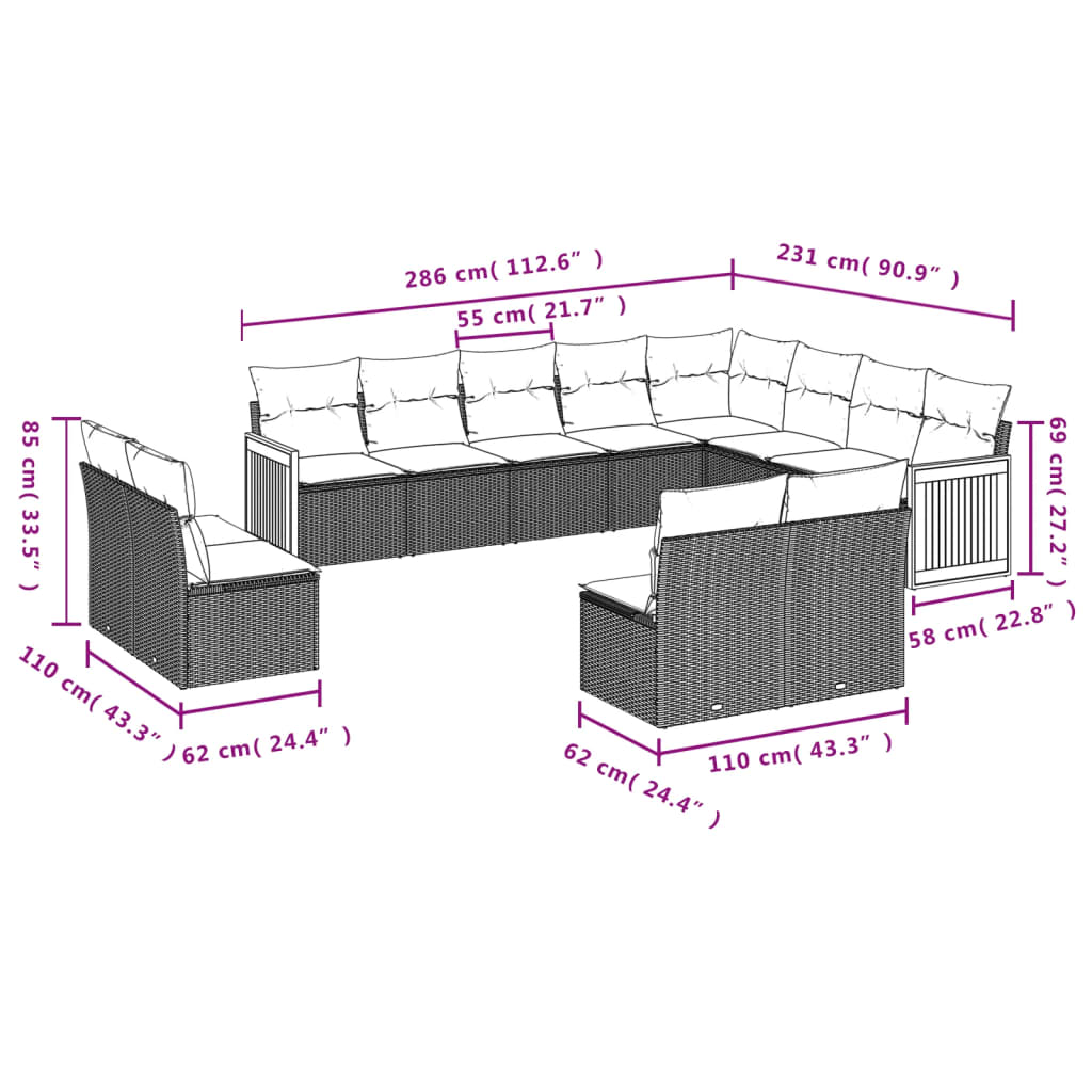 Set canapele de gradina, 12 piese, cu perne, negru, poliratan — imaginea 7