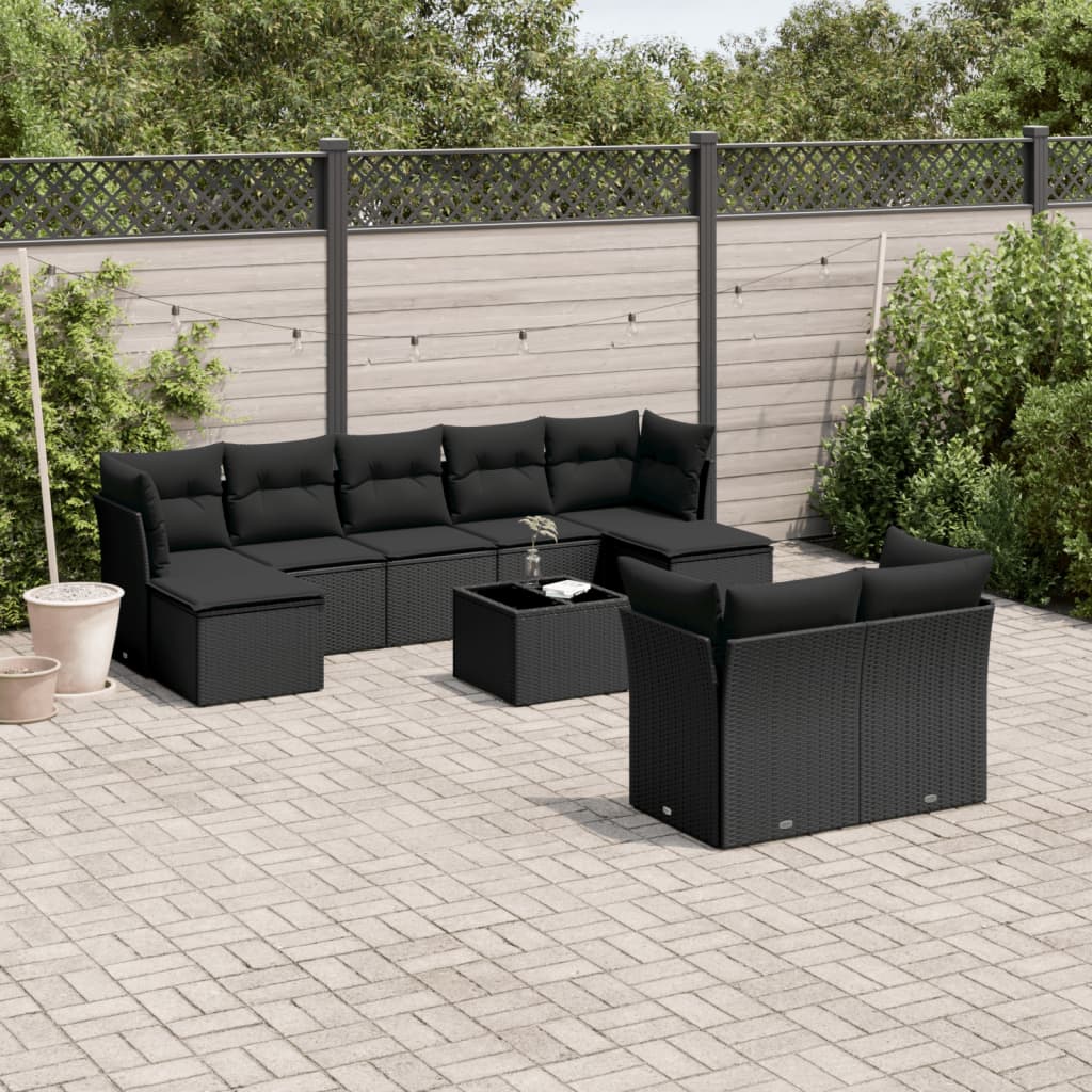 Set canapele de gradina cu perne, 10 piese, negru, poliratan — imaginea 2