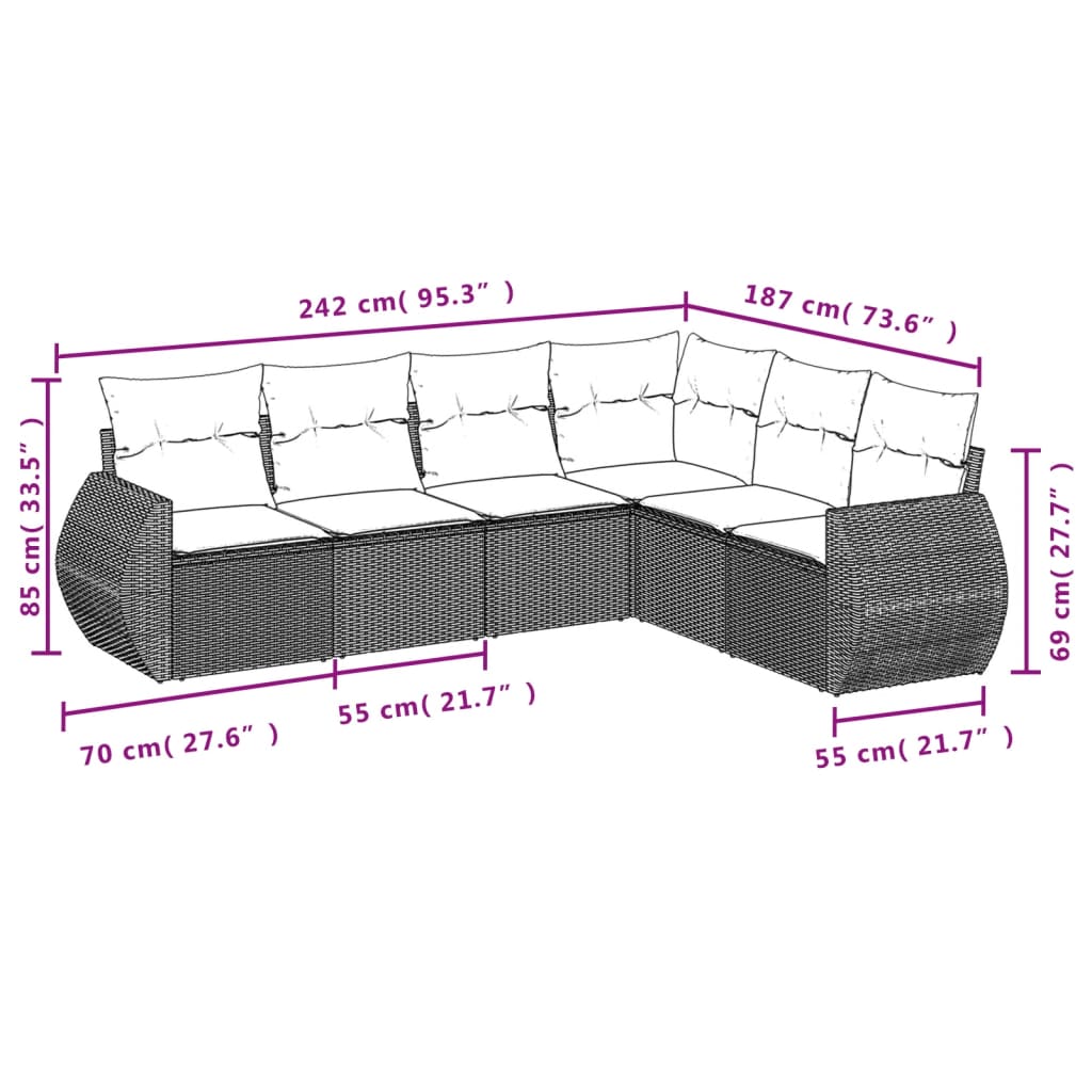 Set mobilier de gradina cu perne, 6 piese, negru, poliratan — imaginea 7