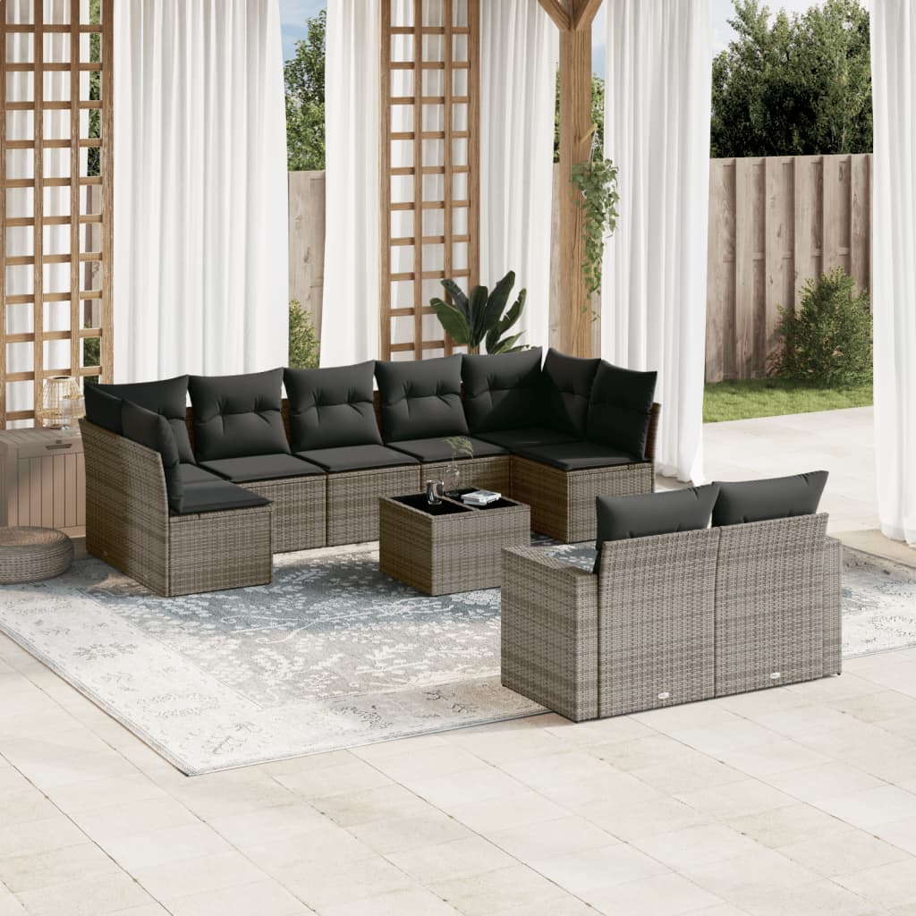 Set mobilier de gradina cu perne, 10 piese, gri, poliratan — imaginea 2