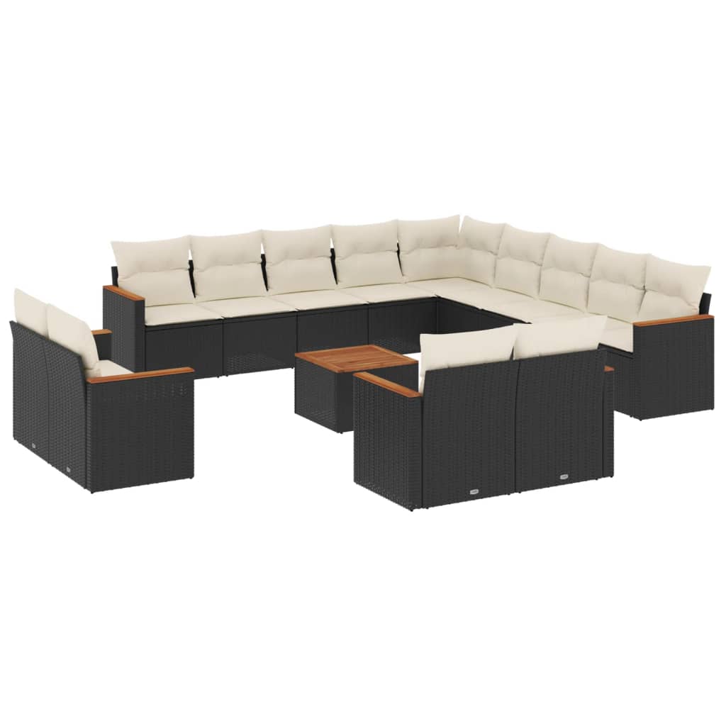 Set mobilier de gradina cu perne, 14 piese, negru, poliratan