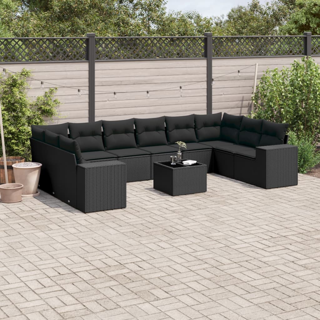 Set canapele de gradina cu perne, 11 piese, negru, poliratan — imaginea 2