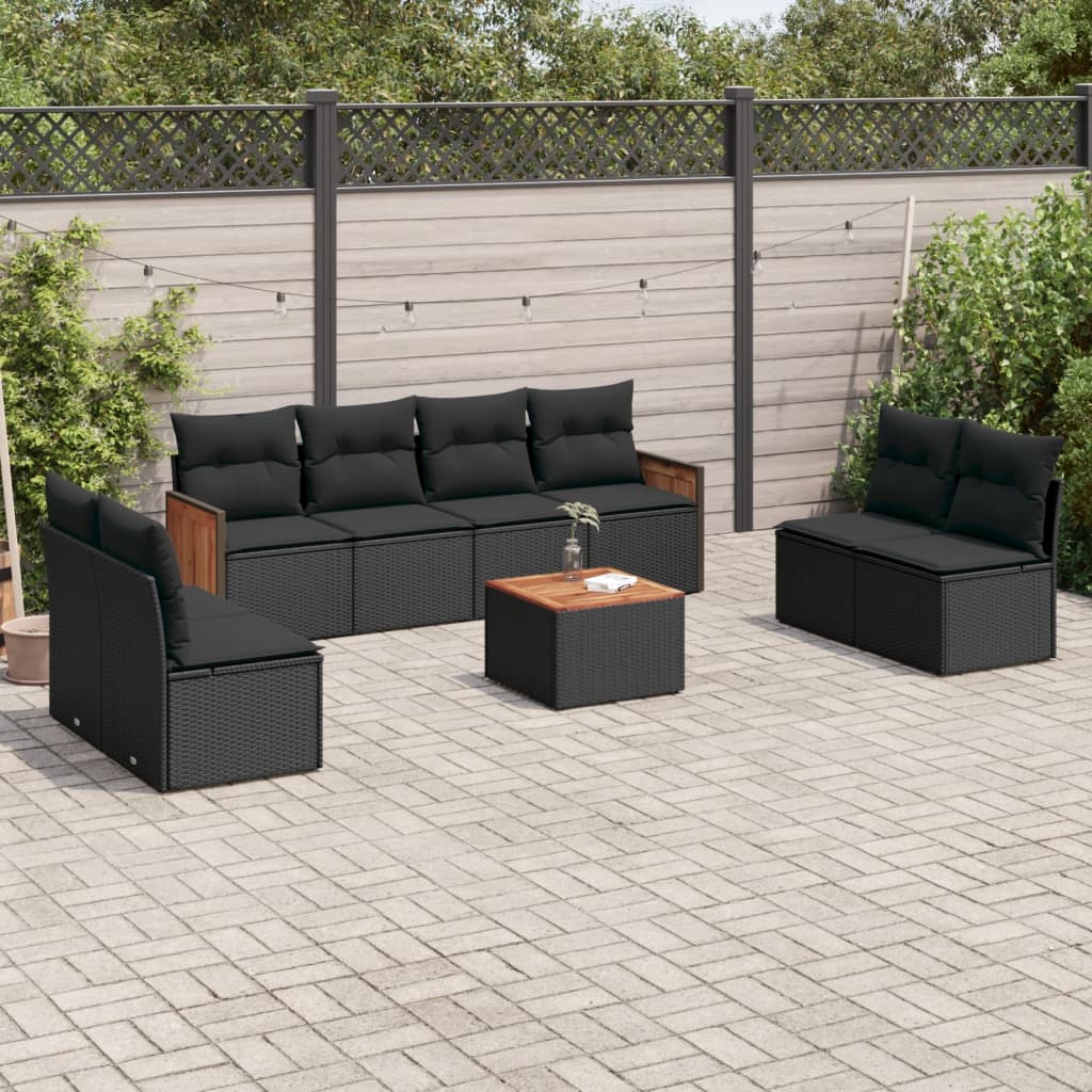 Set mobilier de gradina cu perne, 9 piese, negru, poliratan — imaginea 2
