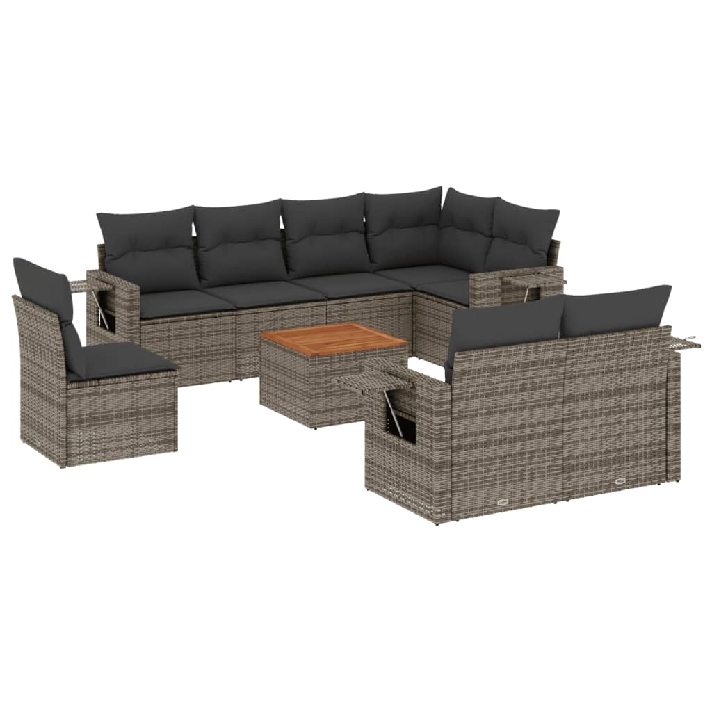 Set canapele de gradina, 9 piese, cu perne, gri, poliratan