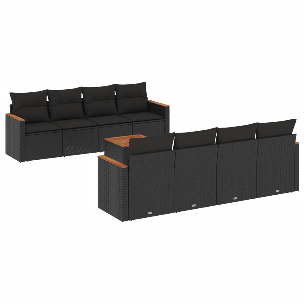 Set mobilier de gradina cu perne, 9 piese, negru, poliratan