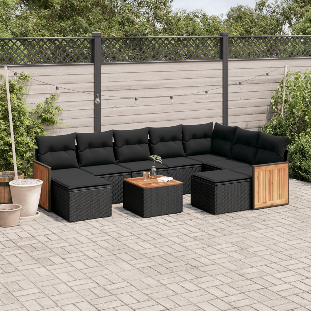 Set canapele de gradina cu perne, 10 piese, negru, poliratan — imaginea 2