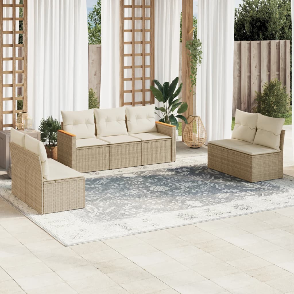 Set canapele de gradina, 7 piese, cu perne, bej, poliratan — imaginea 2