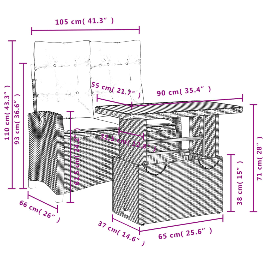 Set mobilier de gradina cu perne, 2 piese, negru, poliratan — imaginea 8
