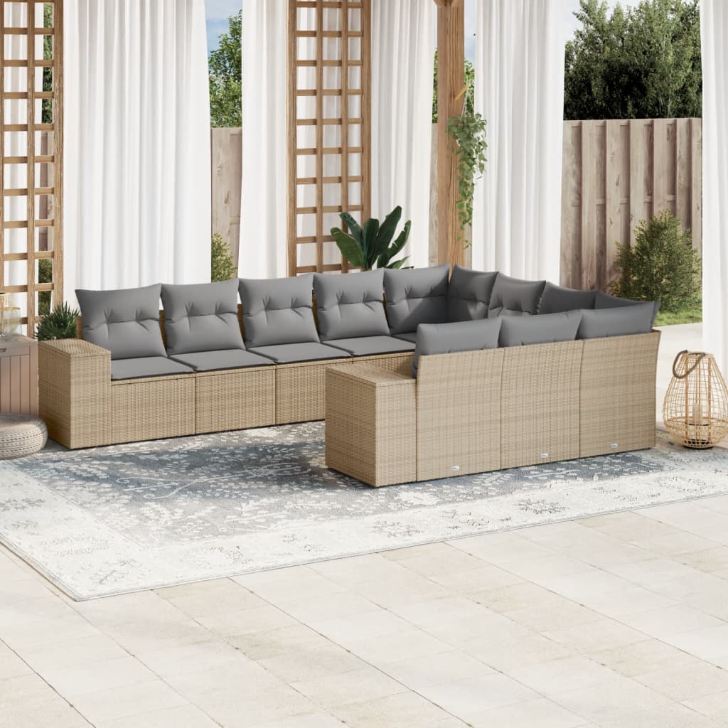 Set canapele de gradina cu perne, 10 piese, bej, poliratan — imaginea 2