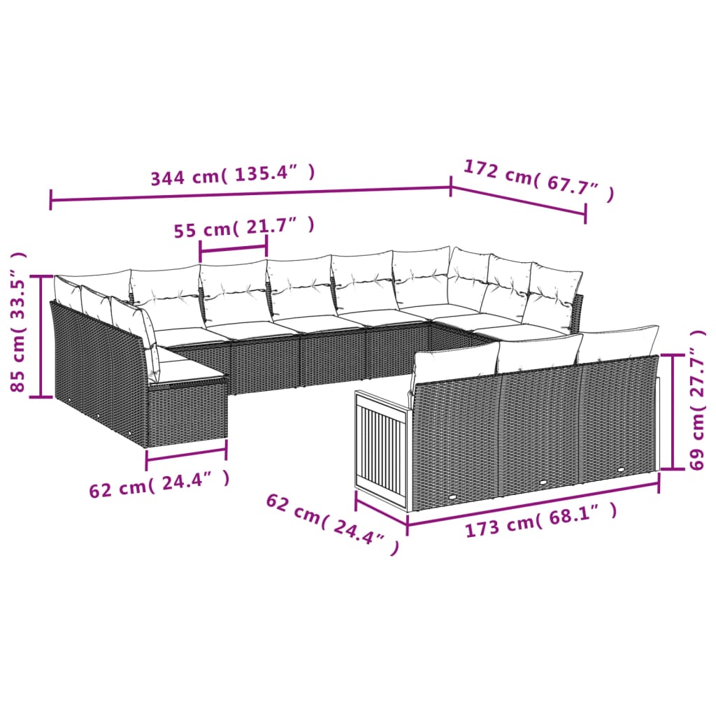 Set canapele de gradina, 13 piese, cu perne, bej, poliratan — imaginea 7